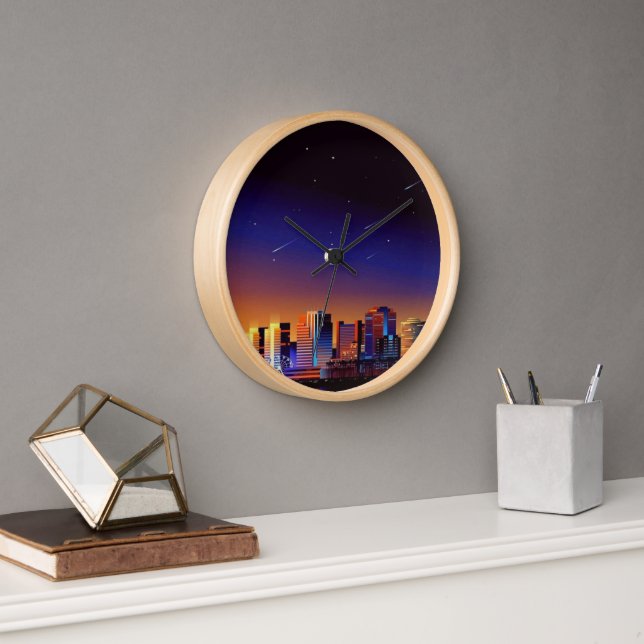 "Cosmic Cityscape Wall Clock - Vibrant Night Skyli (Office)