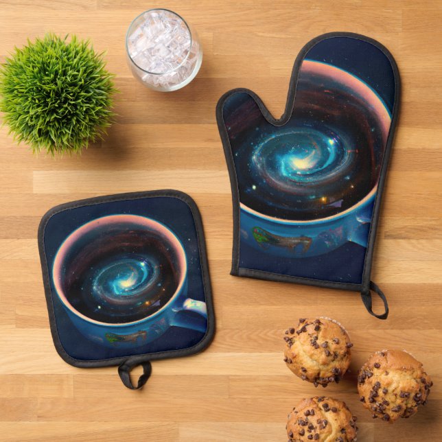 Cosmic Coffee Cup Oven Mitt & Pot Holder Set (Top Down)
