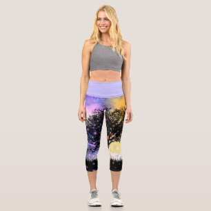 Cosmic colourful sunset with black silhouettes capri leggings