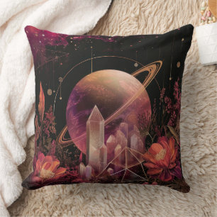 Cosmic Crystal Ringed Planet Fantasy Art (4) Throw Pillow