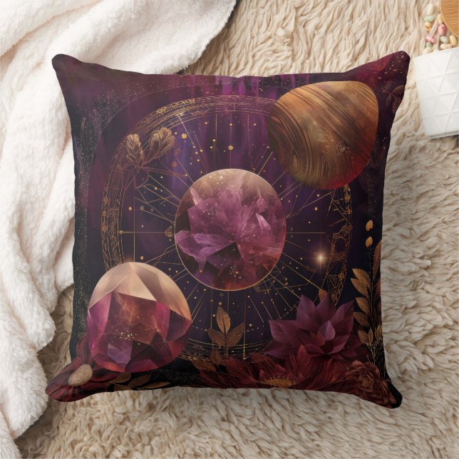 Cosmic Crystal Ringed Planet Fantasy Art (7) Throw Pillow (Blanket)