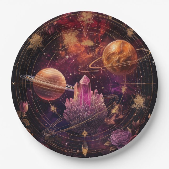Cosmic Crystal Ringed Planet Fantasy Art (8) Paper Plate (Front)