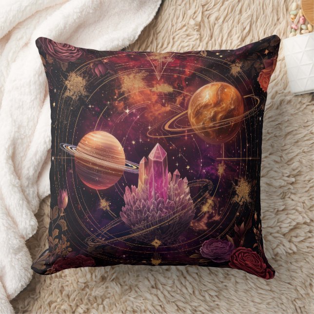 Cosmic Crystal Ringed Planet Fantasy Art (8) Throw Pillow (Blanket)
