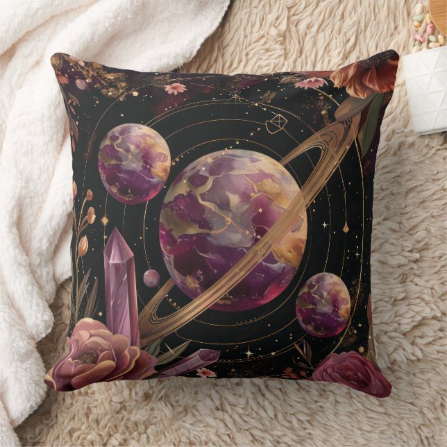 Cosmic Crystal Ringed Planet Fantasy Art Throw Pillow (Blanket)