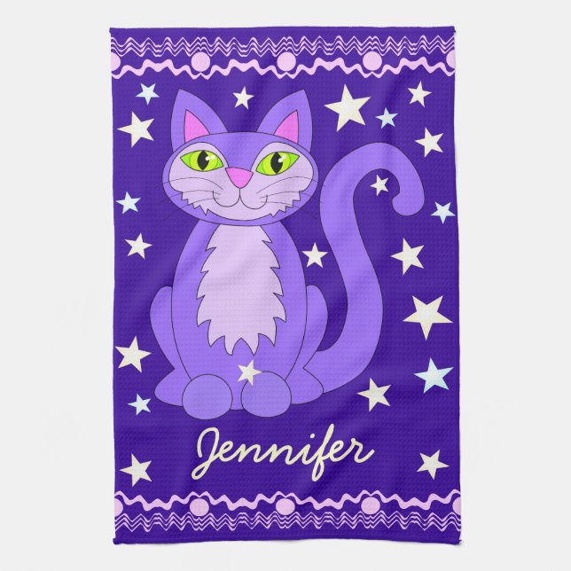 Cosmic Design Cat Personalized Name Kitchen Towels (Vertical)