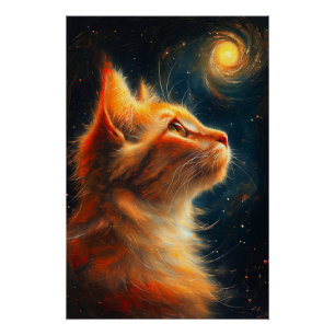 Cosmic Dreamer   Ginger Cat Stargazing Poster