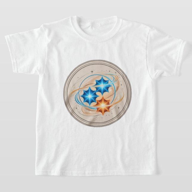 "Cosmic Duality: Binary Star System Gravity-Themed T-Shirt (Laydown)