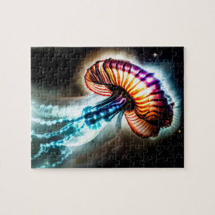 Cosmic electric neon pink and blue ocean jellyfish jigsaw puzzle