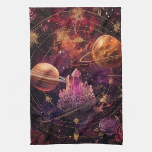 Cosmic Floral Planet Purple Nebula Space Kitchen Towel