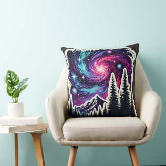 Cosmic Forest: Galaxy Meets Nature Throw Pillow