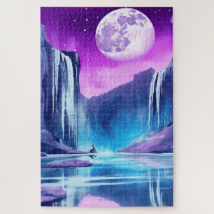 Cosmic Full Moon over Waterfalls Jigsaw Puzzle