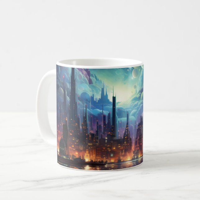 Cosmic Futuristic Metropolis Skyscraper Coffee Mug (Front Left)