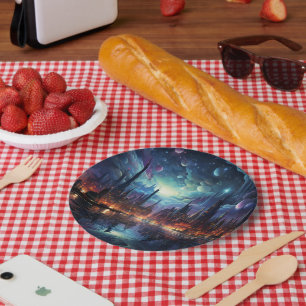 Cosmic Futuristic Metropolis Skyscraper Paper Plate