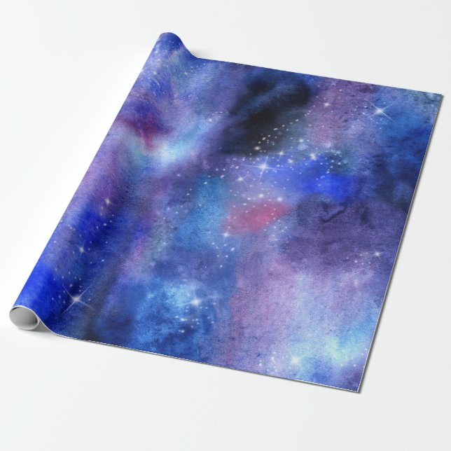 Cosmic Galaxy Blue Space Stars Wrapping Paper (Unrolled)