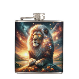 Cosmic Galaxy Space Lion Leo Strength Astrology  Hip Flask
