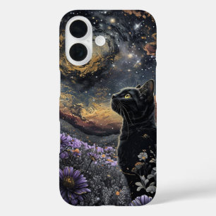 Cosmic Gaze: Black Cat Under the Stars iPhone 16 Case