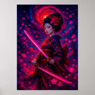 Cosmic Geisha Samurai with Glowing Swords Fantasy Poster