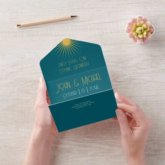 Cosmic Geometry Wedding Emerald Gold Starburst All In One Invitation (Video)