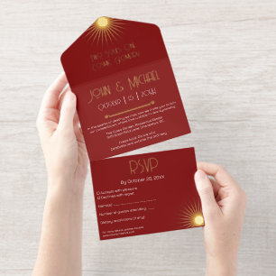 Cosmic Geometry Wedding Terracotta Red Starburst All In One Invitation