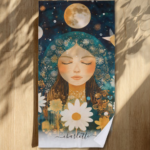 Cosmic Girl Boho Moon & Daisy Illustration Custom Beach Towel