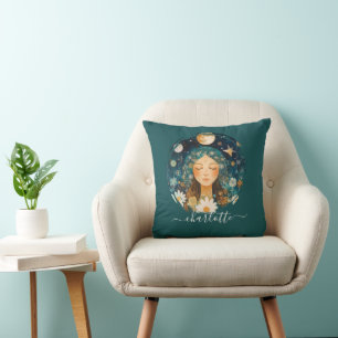 Cosmic Girl Boho Moon & Daisy Illustration Custom Throw Pillow