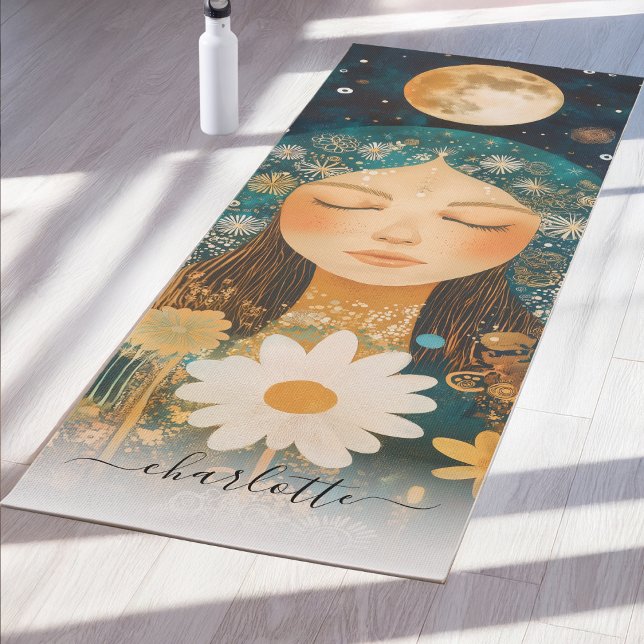Cosmic Girl Boho Moon & Daisy Illustration Custom Yoga Mat (Cosmic Girl Boho Moon & Daisy Illustration Custom Yoga Mat)