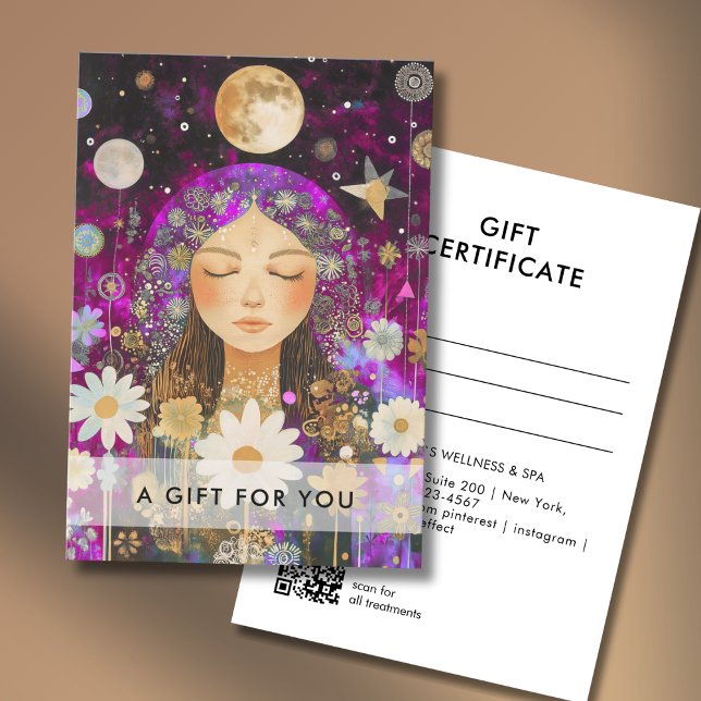 Cosmic Girl Boho Moon QR Code Gift Certificate (Cosmic Girl Boho Moon QR Code Salon Gift Certificate Purple-Pink & Gold)
