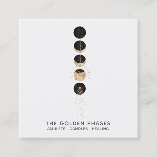 *~* Cosmic Glitter  Universe Gold  Moon Phases Square Business Card (Front)