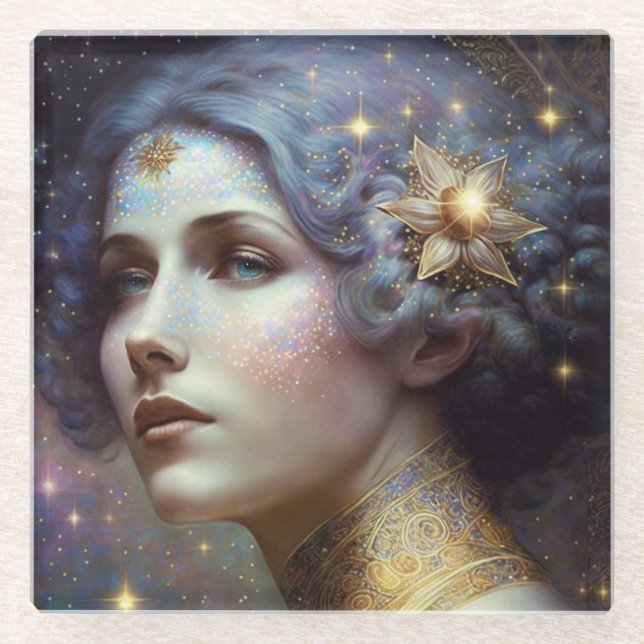 Cosmic Goddess Fantasy Art Glass Coaster (Front)