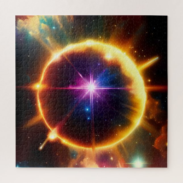 Cosmic Gold Sphere Bursts in Planetary Event Jigsaw Puzzle (Vertical)