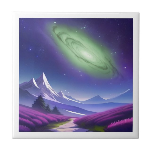 Cosmic Green Galaxy Over Purple Mountain Landscape Tile (Front)