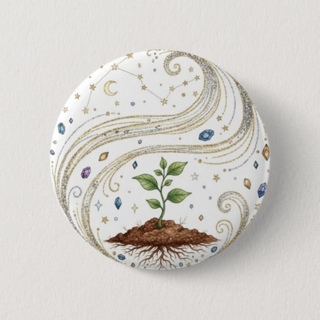 Cosmic Growth Nature Plant with Roots and Stars  2 Inch Round Button (Front)