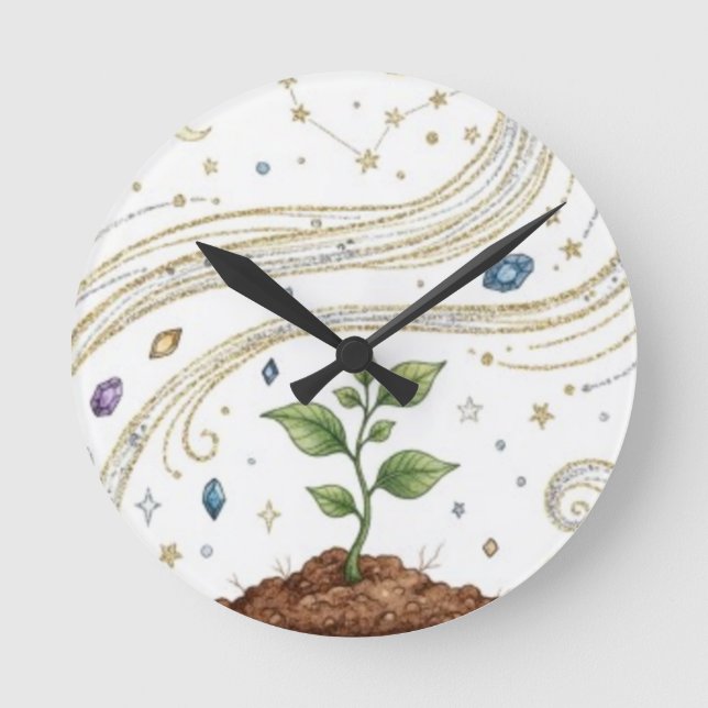 Cosmic Growth Nature Plant with Roots and Stars  Round Clock (Front)