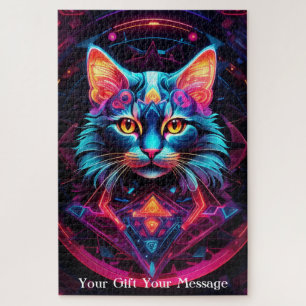 Cosmic Guardian Cat – Neon Galaxy Mandala  Jigsaw Puzzle