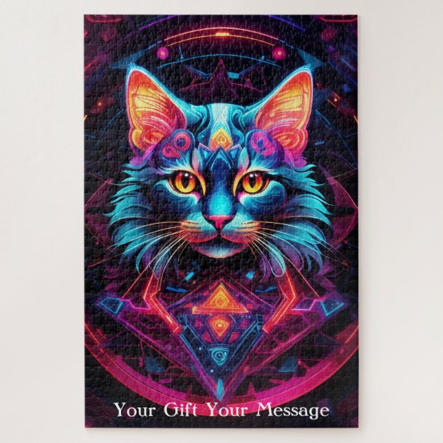 Cosmic Guardian Cat – Neon Galaxy Mandala  Jigsaw Puzzle (Vertical)