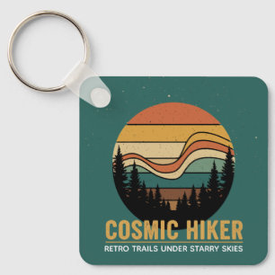 Cosmic Hiker Retro 70s Sunset Space Forest Stars Keychain
