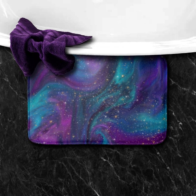 Cosmic Ink | Turquoise Blue Purple Galaxy Nebula Bath Mat (Creator Uploaded)