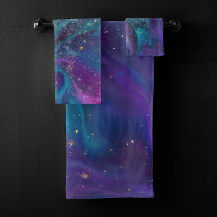 Cosmic Ink Turquoise Blue Purple Galaxy Nebula Bath Towel Set