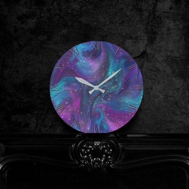 Cosmic Ink | Turquoise Blue Purple Galaxy Nebula Round Clock (Creator Uploaded)