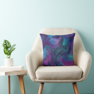 Cosmic Ink   Turquoise Blue Purple Galaxy Nebula Throw Pillow
