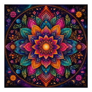 COSMIC JEWEL TONED FLORAL MANDALA ART POSTER
