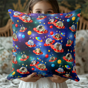 Cosmic Kittens in Alien Spaceship UFO Sci-fi Scene Throw Pillow