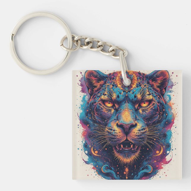 Cosmic Leopard Portrait With Mystical Effect Keychain (Front)
