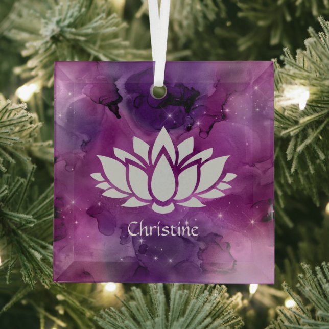 Cosmic Lotus Flower in Magenta Galaxy Glass Ornament (Insitu)