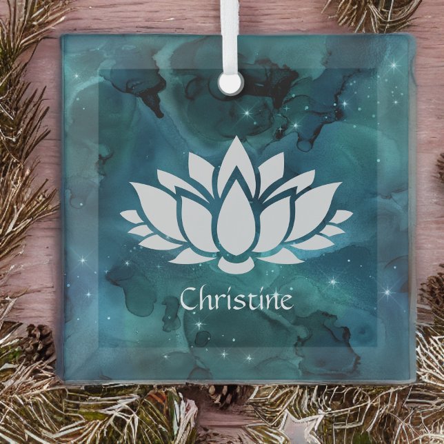 Cosmic Lotus Flower in Teal Universe Glass Ornament (Creator Uploaded)