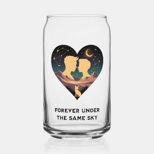 Cosmic Love Story Heart with Lovers and Fox Art Can Glass
