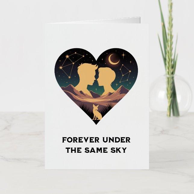 Cosmic Love Story Heart with Lovers and Fox Art Foil Greeting Card (Front)