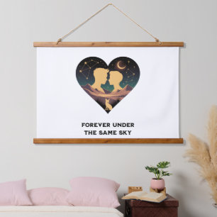 Cosmic Love Story Heart with Lovers and Fox Art Hanging Tapestry