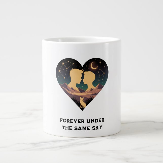 Cosmic Love Story Heart with Lovers and Fox Art Large Coffee Mug (Front)