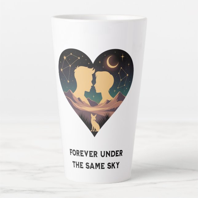 Cosmic Love Story Heart with Lovers and Fox Art Latte Mug (Front)